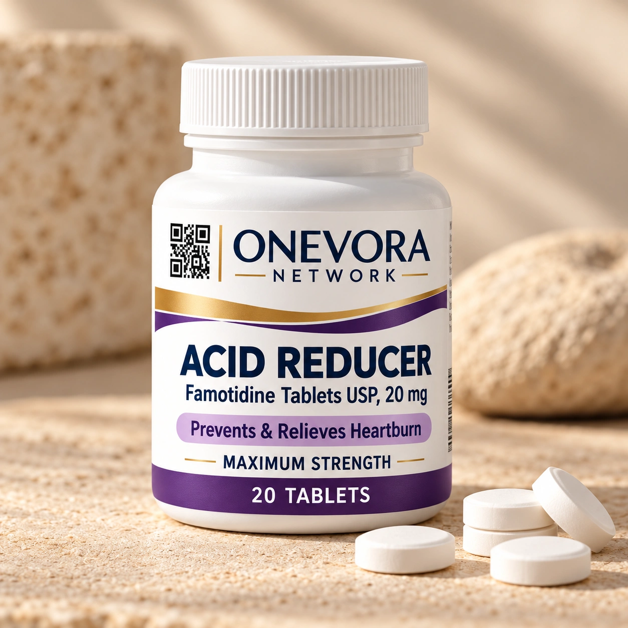 Onevora Network Famotidine 20 mg Acid Reducer – 20 Tablets bottle and product packaging
