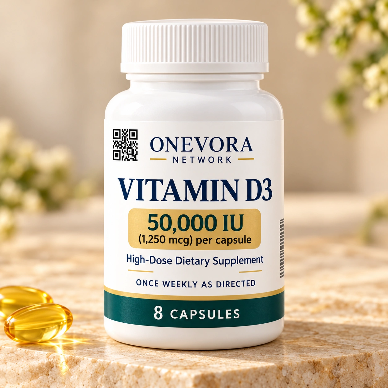 Onevora Network Vitamin D3 50,000 IU – 8 Capsules bottle and product packaging